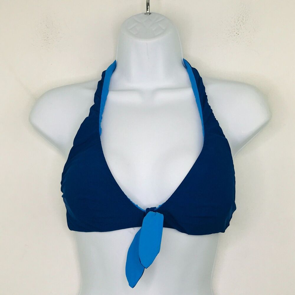 Kate Spade Women's Small Bikini Top Blue Solid Reversible Padded Tie Halter BJ18